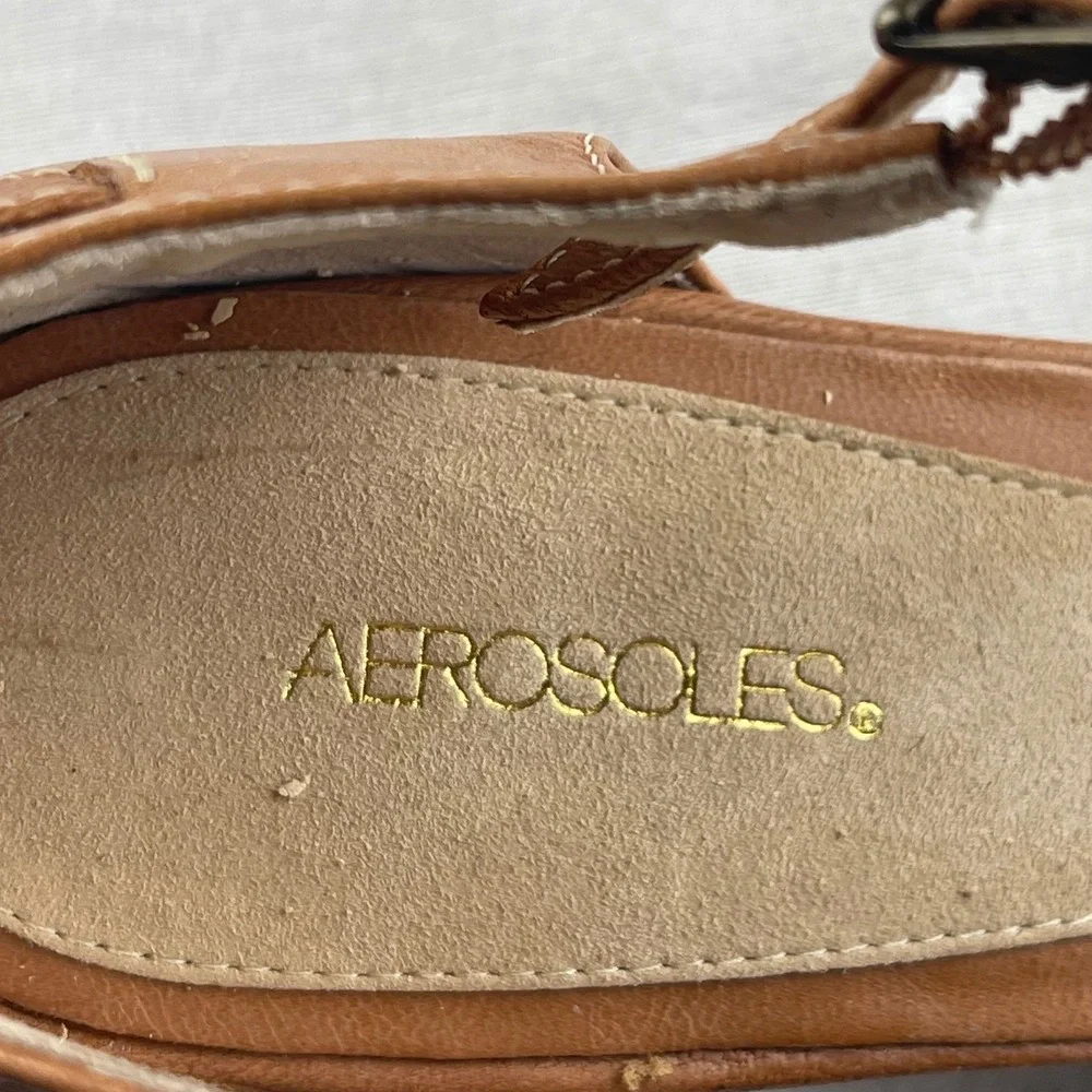Aerosoles Rick Sand Brown Leather Woven Ankle Strap Kitten Heels Womens 9.5 M
